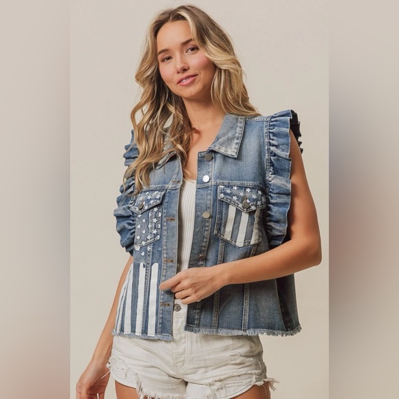 B15. NEW Bibi Denim Vest American Flag W/Ruffle Sleeves Stars & Stripes Graphic - Picture 4 of 8